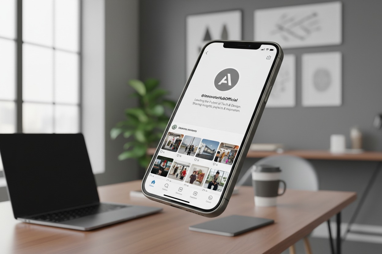 Bir ofis masasının üzerinde, ekranda bir sosyal medya profili gösteren akıllı telefon duruyor.