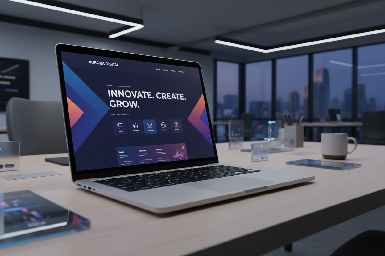 Modern bir ofisteki toplantı masasının üzerinde, web sitesi tasarımı açık olan bir dizüstü bilgisayar duruyor.